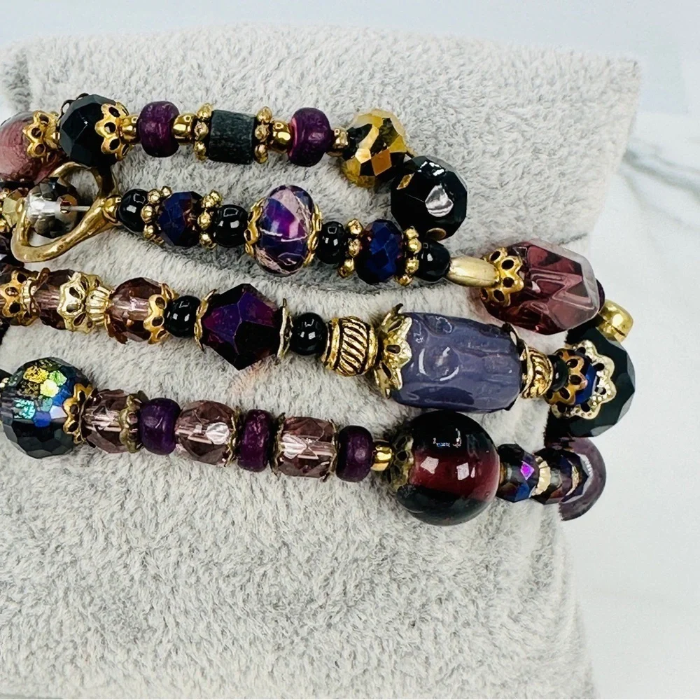 Glass & Stone Wrap Bracelet Faceted Aurora Borealis Beads Purple Black Gold Glam